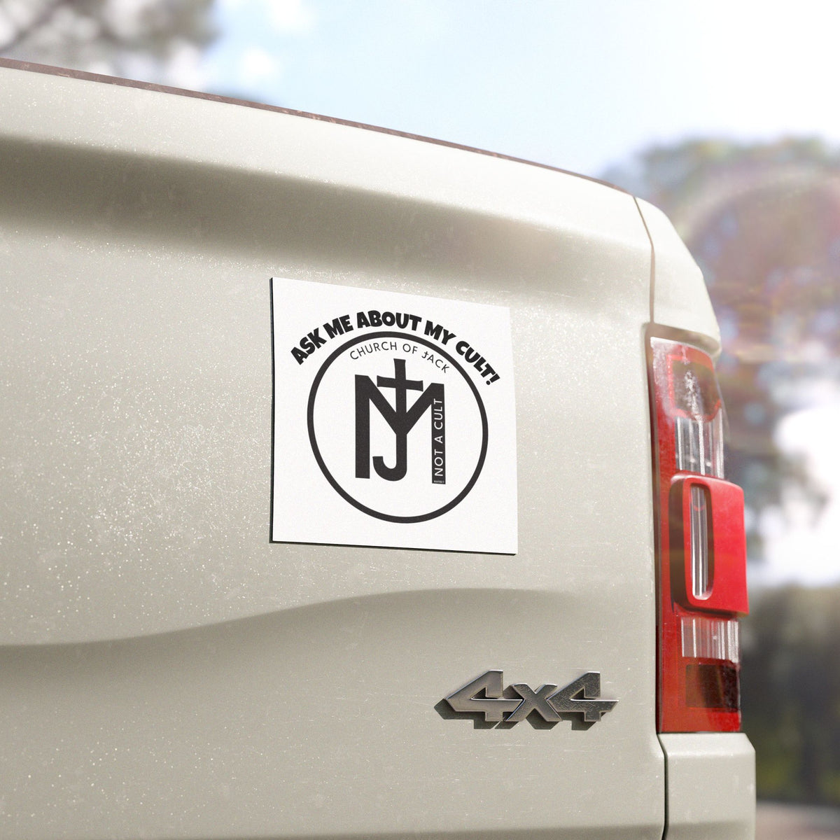 Ask Me About My Cult! Car Magnet — Church of Jack "Not a Cult" Black Logo